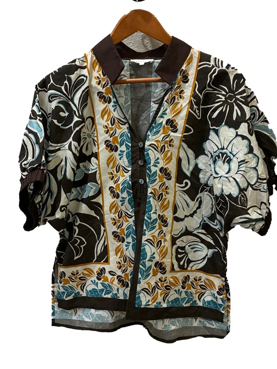 entro Tops - entro Floral Patchwork Button Front Blouse in Black, Teal, Gold